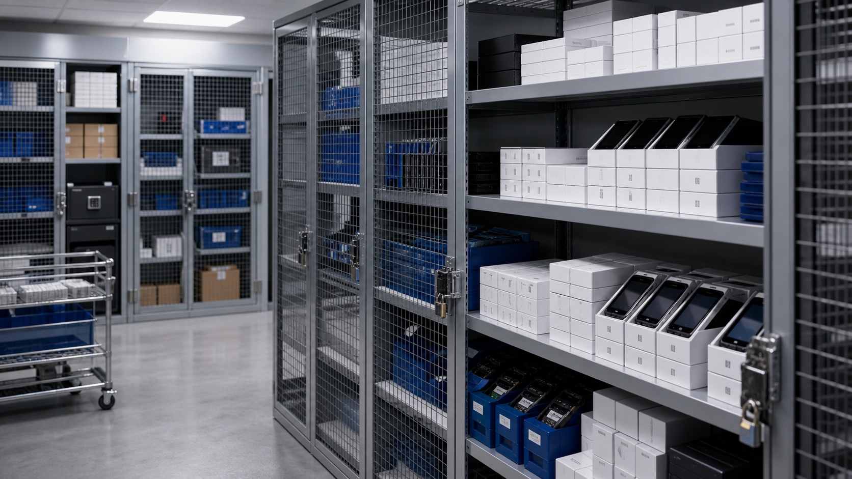 Locked walk-in warehouse cage with boxed phones, mobile devices, safes, and secure shelves